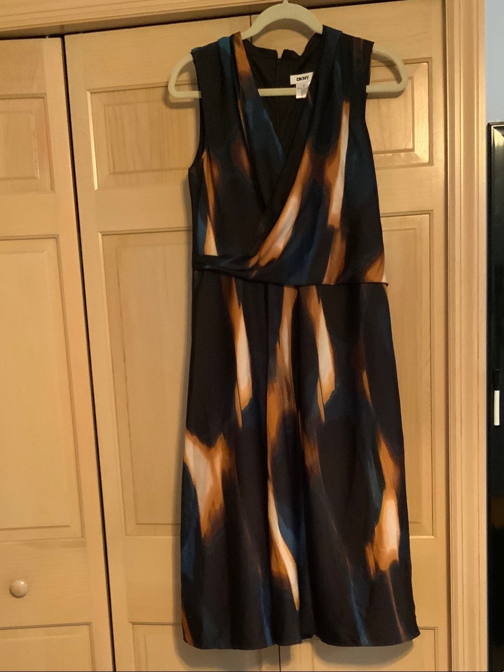 DKNY Sleeveless Midi Dress in Black, Brown and Cream Abstract Print